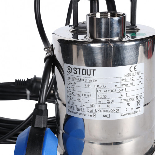 купить Насос дренажный STOUT с поплавком, кабель 10 м, 230V, Q=175 л/мин, H=10 м, SPD-0001-200450 - производитель STOUT