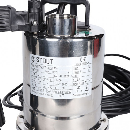 купить Насос дренажный STOUT с вертикальным поплавком, кабель 10 м, 230V, Q=150 л/мин, H=8 м, SPD-0003-200250 - производитель STOUT